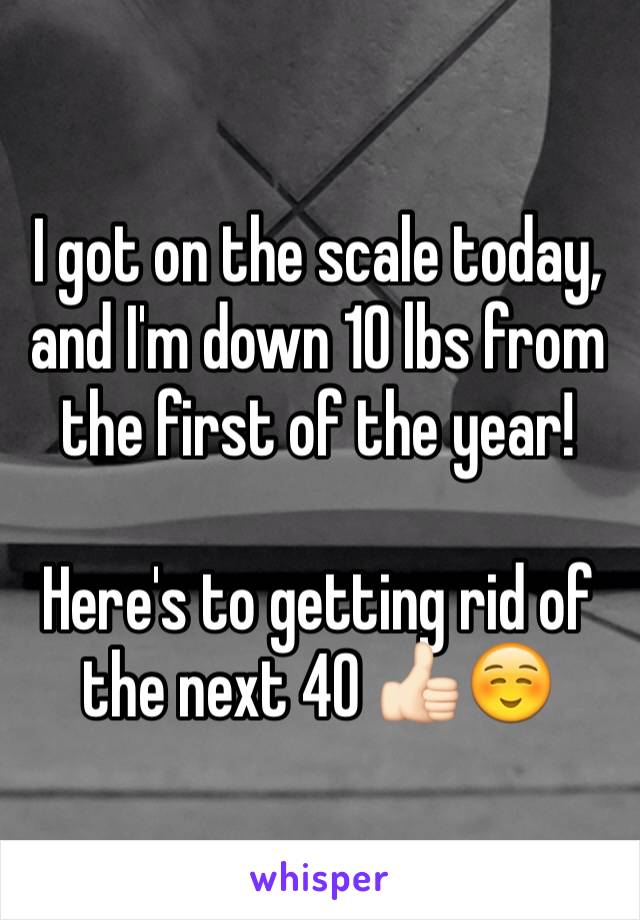 I got on the scale today, and I'm down 10 lbs from the first of the year!

Here's to getting rid of the next 40 👍🏻☺️