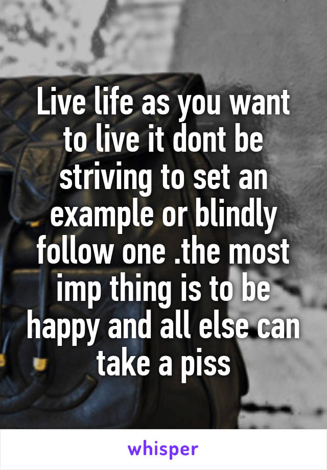 Live life as you want to live it dont be striving to set an example or blindly follow one .the most imp thing is to be happy and all else can take a piss