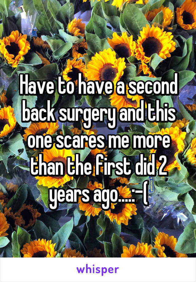 Have to have a second back surgery and this one scares me more than the first did 2 years ago....:-(