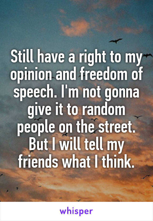 Still have a right to my opinion and freedom of speech. I'm not gonna give it to random people on the street. But I will tell my friends what I think.
