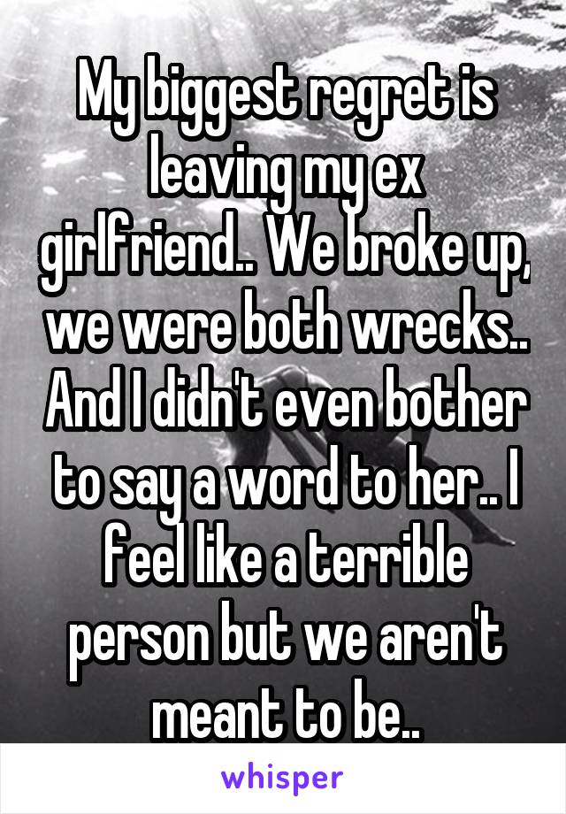 My biggest regret is leaving my ex girlfriend.. We broke up, we were both wrecks.. And I didn't even bother to say a word to her.. I feel like a terrible person but we aren't meant to be..