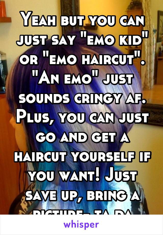 Yeah but you can just say "emo kid" or "emo haircut". "An emo" just sounds cringy af. Plus, you can just go and get a haircut yourself if you want! Just save up, bring a picture- ta da