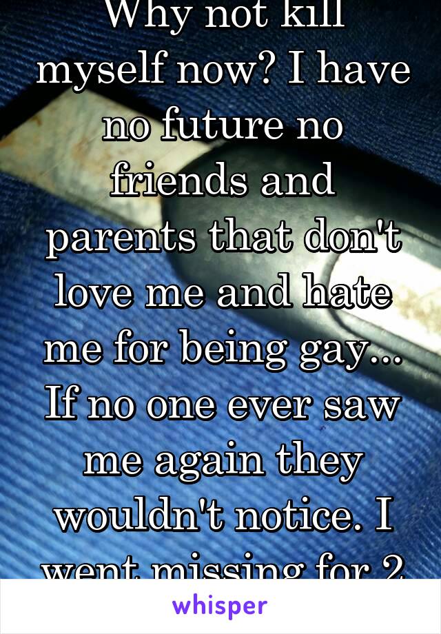 Why not kill myself now? I have no future no friends and parents that don't love me and hate me for being gay... If no one ever saw me again they wouldn't notice. I went missing for 2 days nd no1 knew