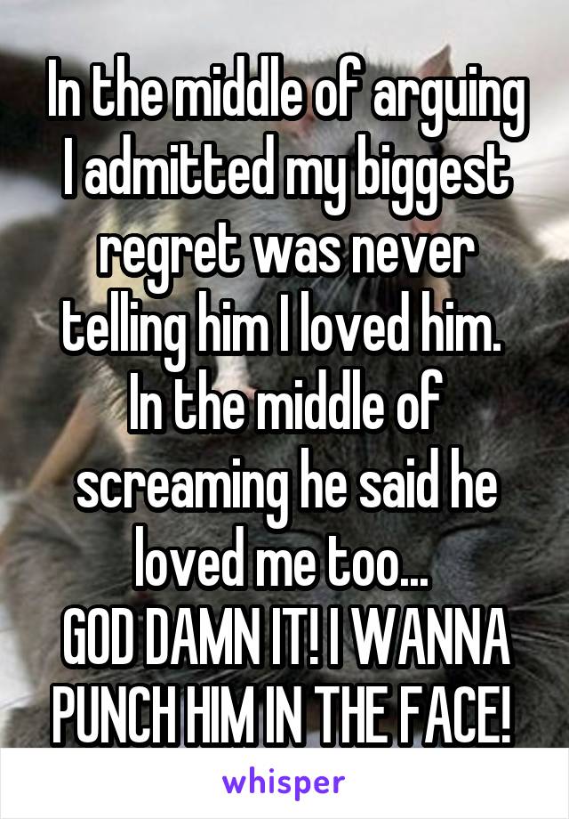 In the middle of arguing I admitted my biggest regret was never telling him I loved him. 
In the middle of screaming he said he loved me too... 
GOD DAMN IT! I WANNA PUNCH HIM IN THE FACE! 