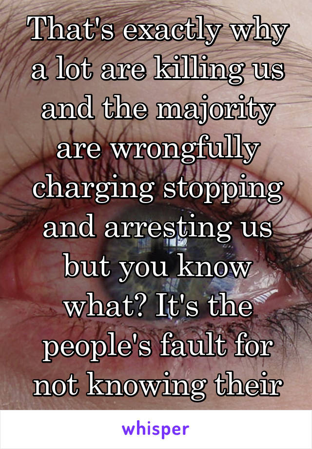 That's exactly why a lot are killing us and the majority are wrongfully charging stopping and arresting us but you know what? It's the people's fault for not knowing their rights.