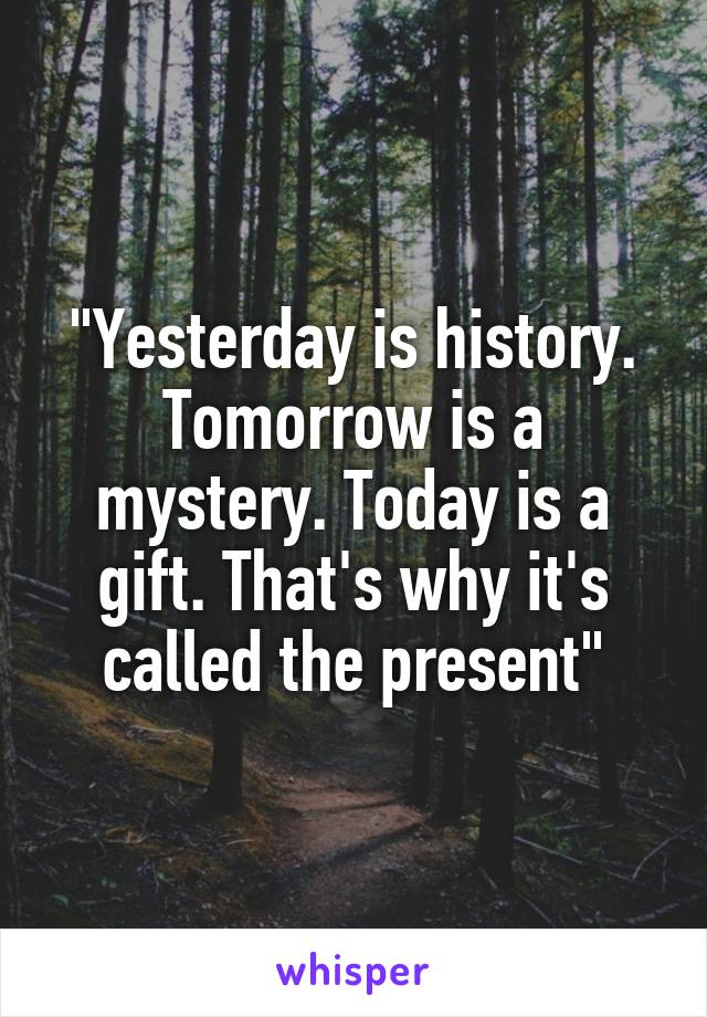 "Yesterday is history. Tomorrow is a mystery. Today is a gift. That's why it's called the present"