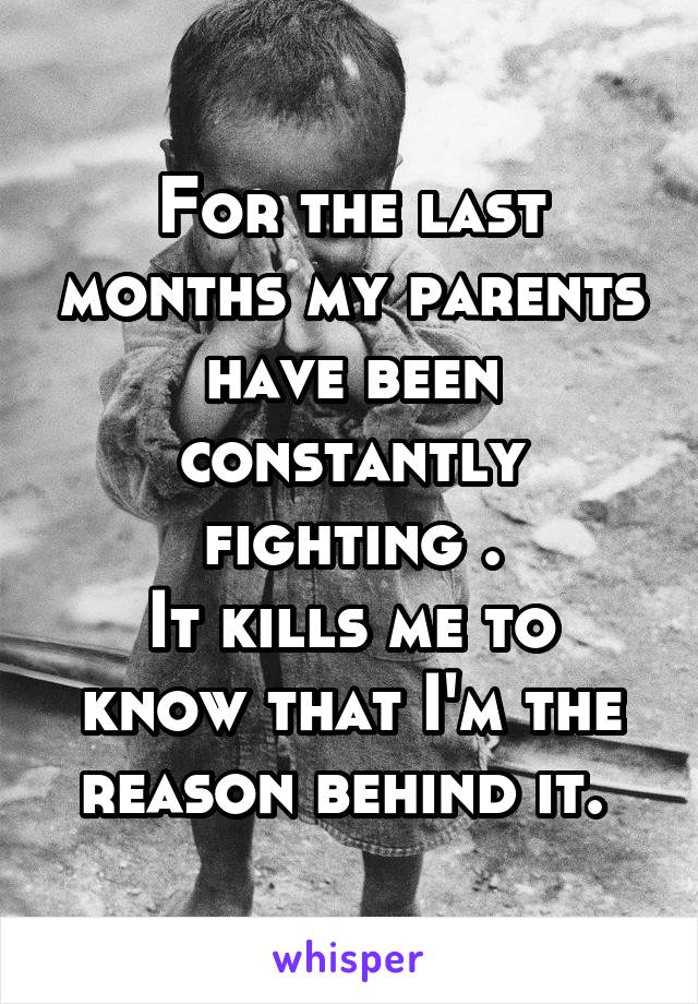 For the last months my parents have been constantly fighting .
It kills me to know that I'm the reason behind it. 