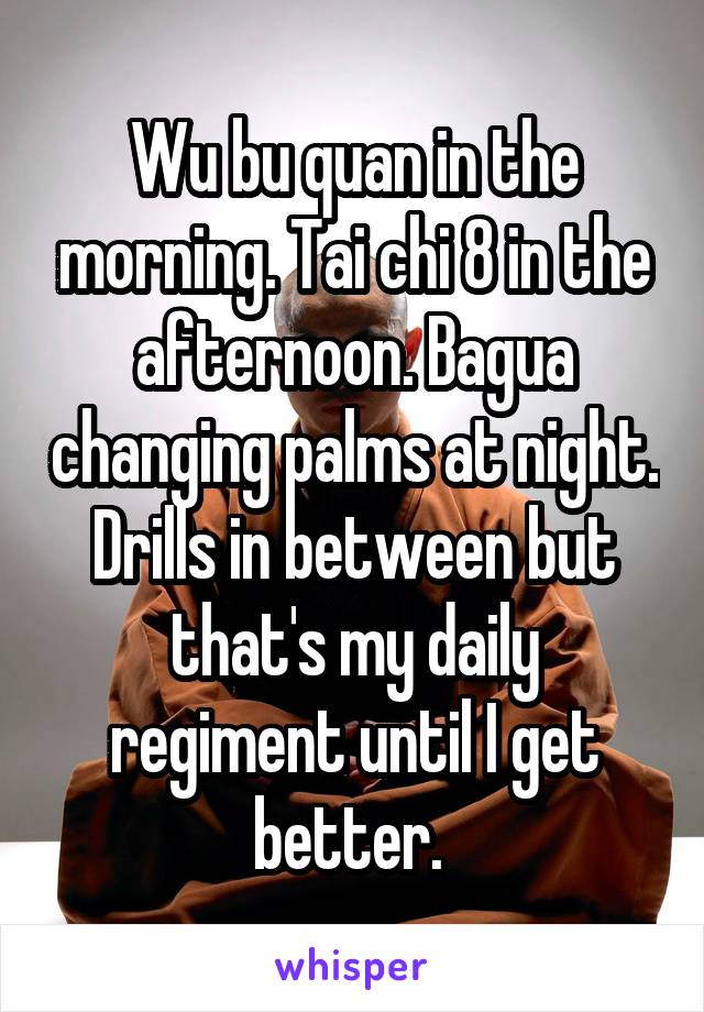 Wu bu quan in the morning. Tai chi 8 in the afternoon. Bagua changing palms at night. Drills in between but that's my daily regiment until I get better. 