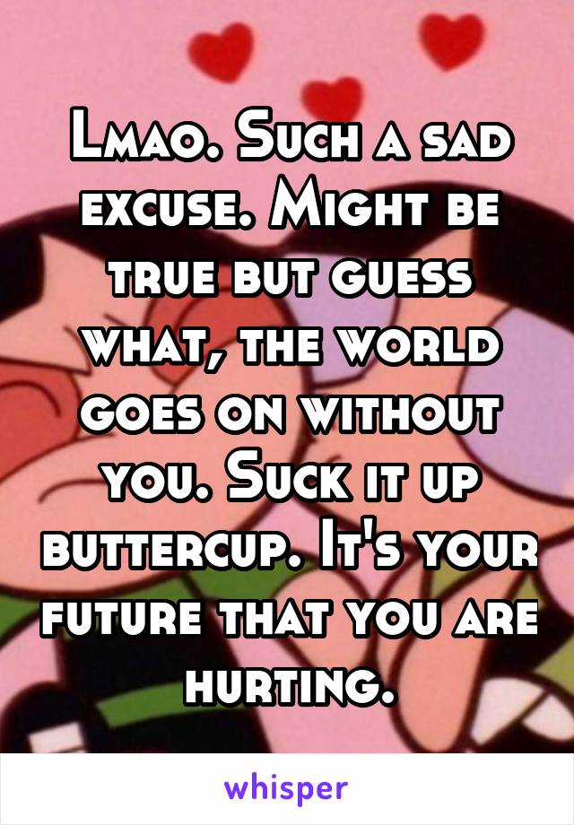 Lmao. Such a sad excuse. Might be true but guess what, the world goes on without you. Suck it up buttercup. It's your future that you are hurting.