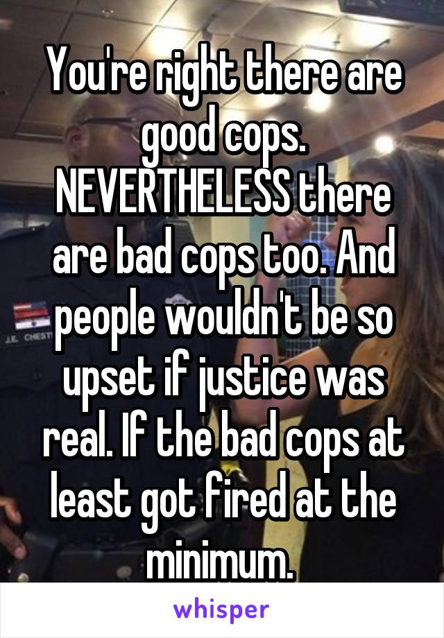 You're right there are good cops. NEVERTHELESS there are bad cops too. And people wouldn't be so upset if justice was real. If the bad cops at least got fired at the minimum. 