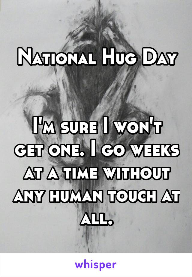 National Hug Day


I'm sure I won't get one. I go weeks at a time without any human touch at all.