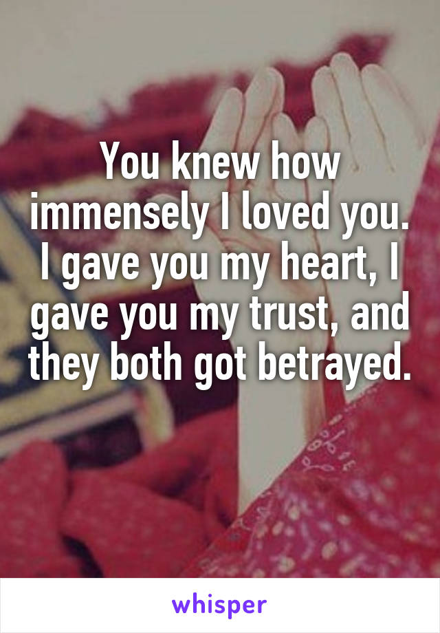 You knew how immensely I loved you. I gave you my heart, I gave you my trust, and they both got betrayed. 
