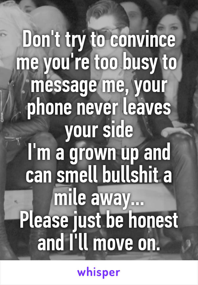 Don't try to convince me you're too busy to 
message me, your phone never leaves your side
I'm a grown up and can smell bullshit a mile away...
Please just be honest and I'll move on.