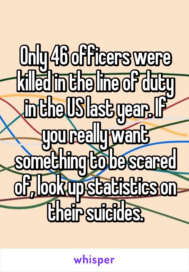 Only 46 officers were killed in the line of duty in the US last year. If you really want something to be scared of, look up statistics on their suicides.