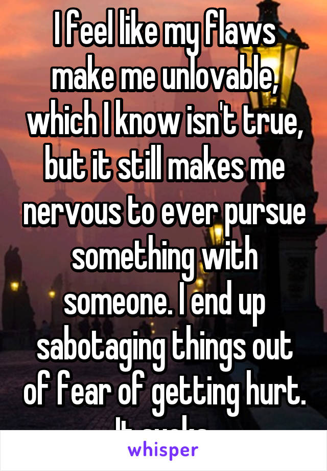 I feel like my flaws make me unlovable, which I know isn't true, but it still makes me nervous to ever pursue something with someone. I end up sabotaging things out of fear of getting hurt. It sucks.