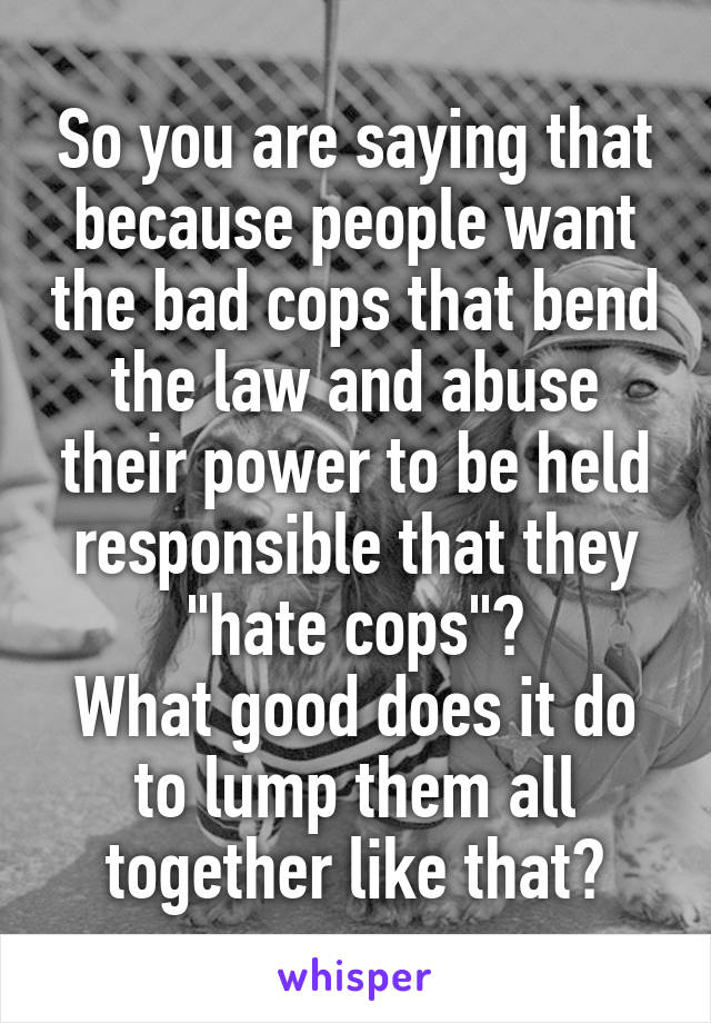 So you are saying that because people want the bad cops that bend the law and abuse their power to be held responsible that they "hate cops"?
What good does it do to lump them all together like that?