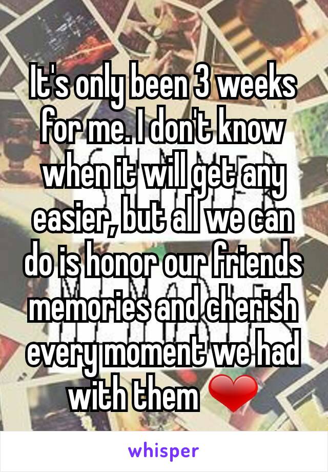 It's only been 3 weeks for me. I don't know when it will get any easier, but all we can do is honor our friends memories and cherish every moment we had with them ❤