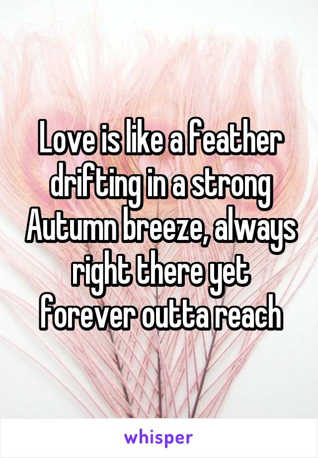 Love is like a feather drifting in a strong Autumn breeze, always right there yet forever outta reach