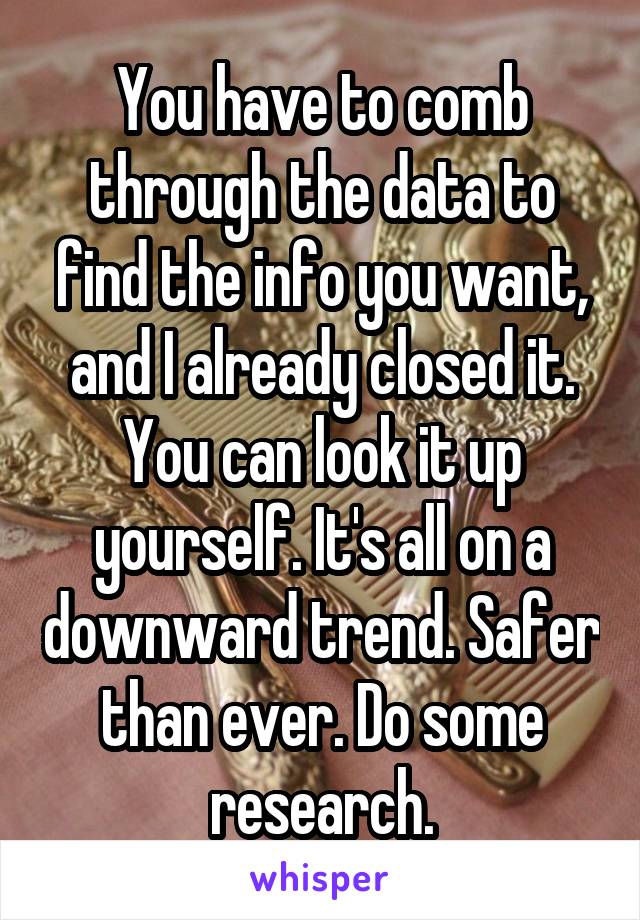 You have to comb through the data to find the info you want, and I already closed it. You can look it up yourself. It's all on a downward trend. Safer than ever. Do some research.