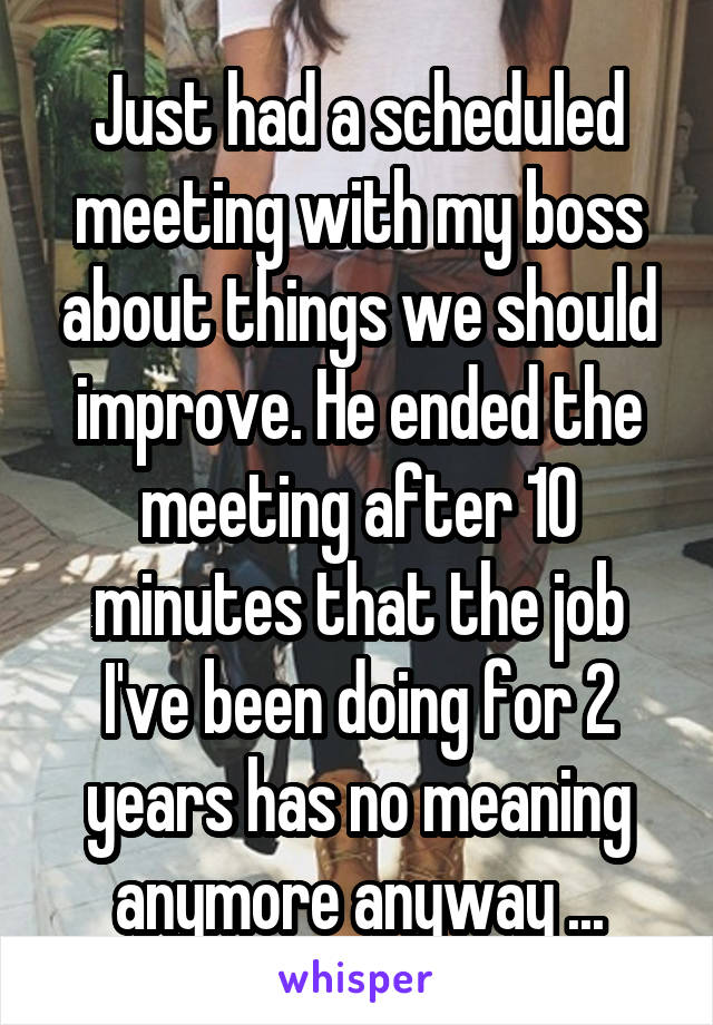 Just had a scheduled meeting with my boss about things we should improve. He ended the meeting after 10 minutes that the job I've been doing for 2 years has no meaning anymore anyway ...