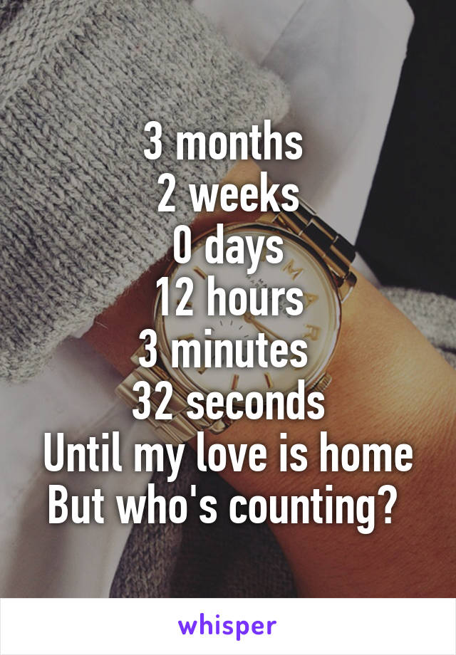 3 months 
2 weeks
0 days
12 hours
3 minutes 
32 seconds
Until my love is home
But who's counting? 