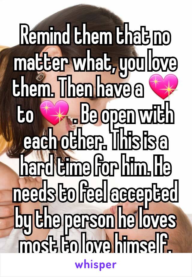 Remind them that no matter what, you love them. Then have a 💖 to 💖 . Be open with each other. This is a hard time for him. He needs to feel accepted by the person he loves most to love himself.