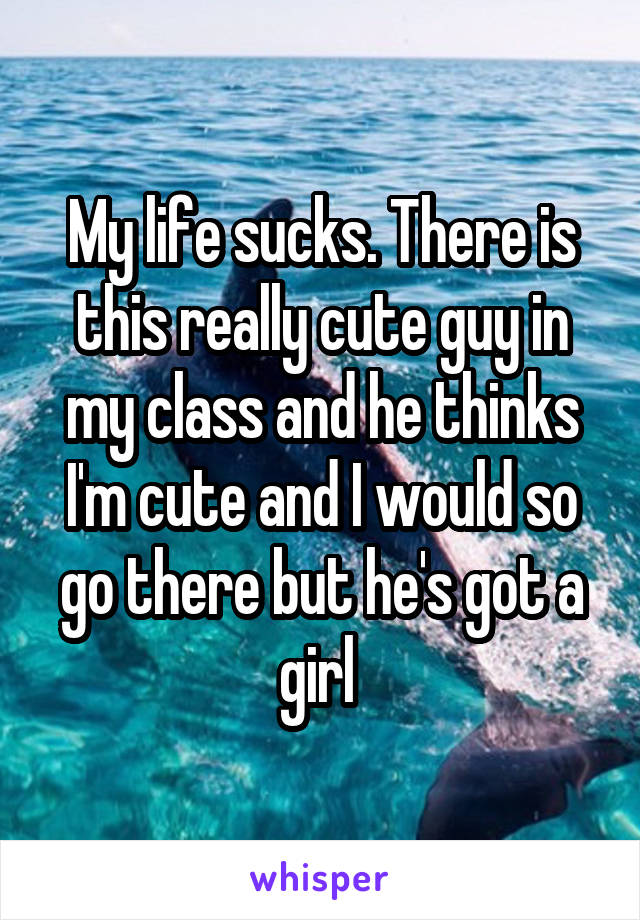 My life sucks. There is this really cute guy in my class and he thinks I'm cute and I would so go there but he's got a girl 