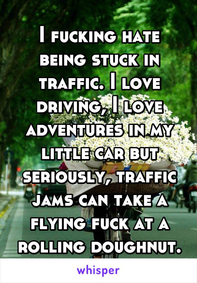 I fucking hate being stuck in traffic. I love driving, I love adventures in my little car but seriously, traffic jams can take a flying fuck at a rolling doughnut.