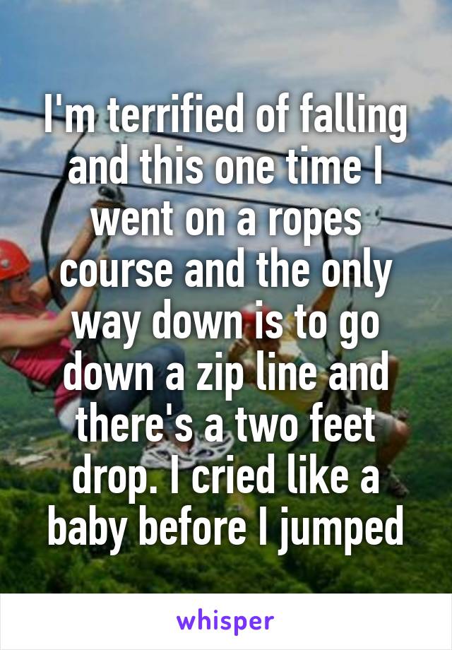 I'm terrified of falling and this one time I went on a ropes course and the only way down is to go down a zip line and there's a two feet drop. I cried like a baby before I jumped