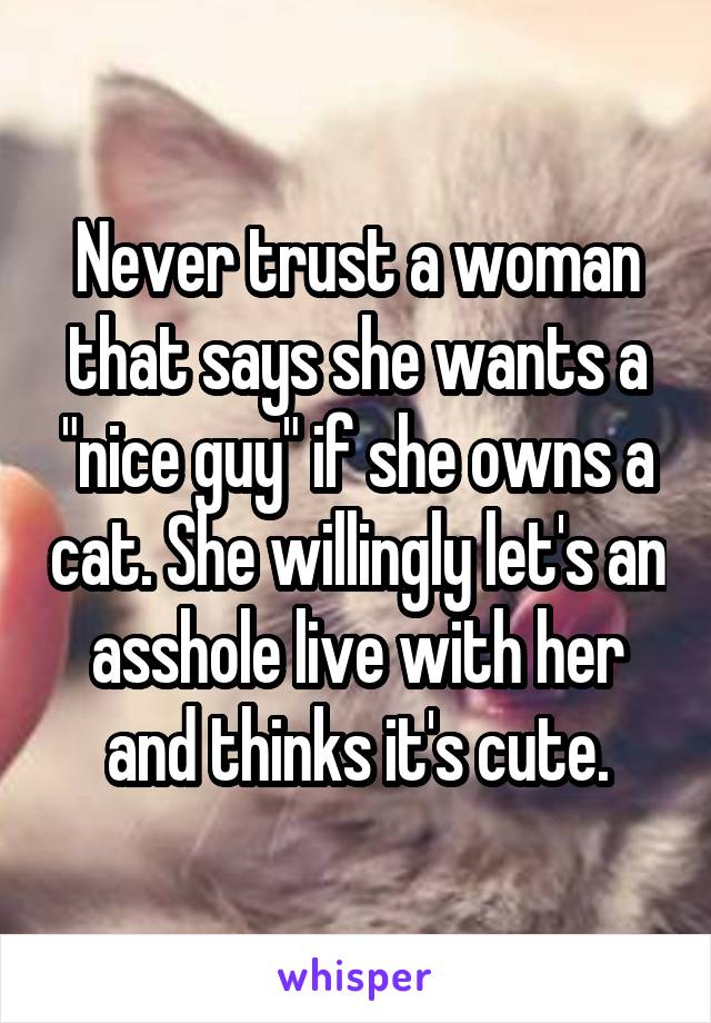 Never trust a woman that says she wants a "nice guy" if she owns a cat. She willingly let's an asshole live with her and thinks it's cute.