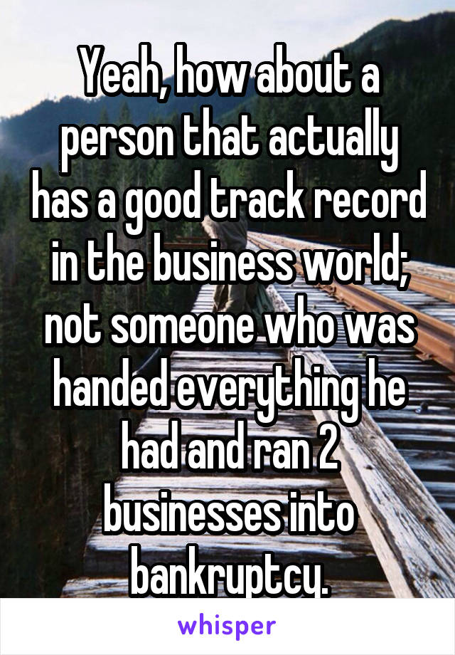 Yeah, how about a person that actually has a good track record in the business world; not someone who was handed everything he had and ran 2 businesses into bankruptcy.