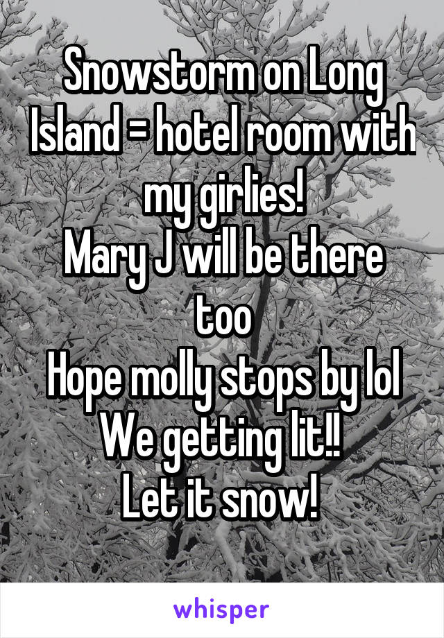 Snowstorm on Long Island = hotel room with my girlies!
Mary J will be there too
Hope molly stops by lol
We getting lit!! 
Let it snow! 
