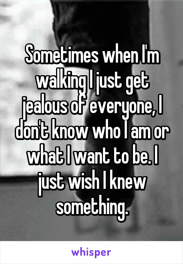 Sometimes when I'm walking I just get jealous of everyone, I don't know who I am or what I want to be. I just wish I knew something.