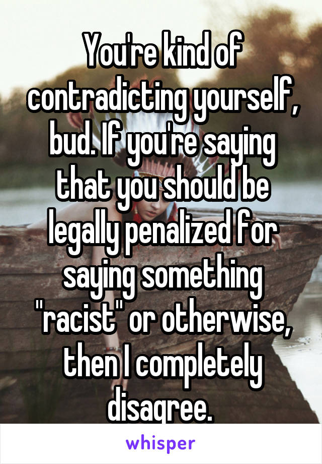 You're kind of contradicting yourself, bud. If you're saying that you should be legally penalized for saying something "racist" or otherwise, then I completely disagree. 