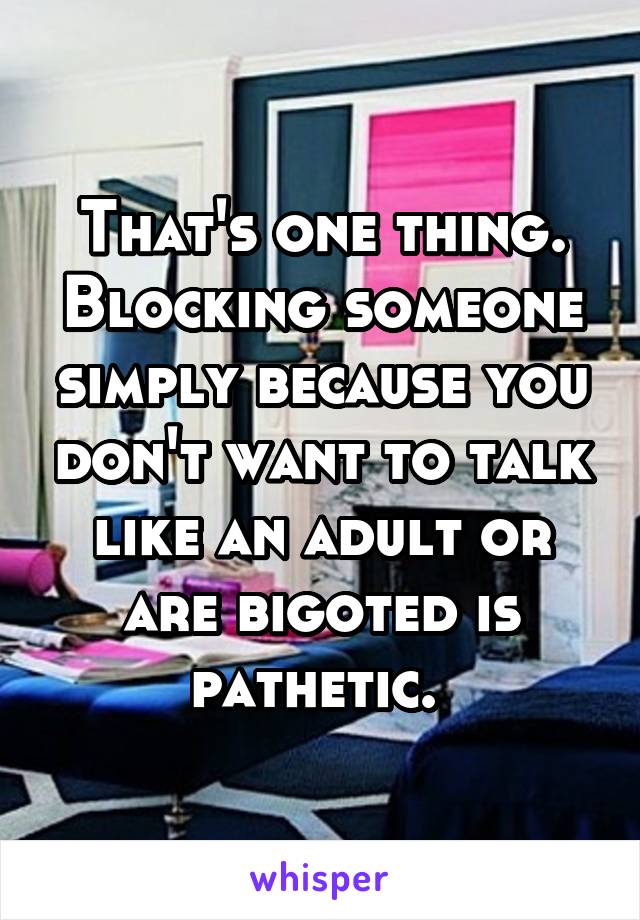 That's one thing. Blocking someone simply because you don't want to talk like an adult or are bigoted is pathetic. 