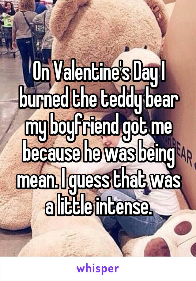 On Valentine's Day I burned the teddy bear my boyfriend got me because he was being mean. I guess that was a little intense.