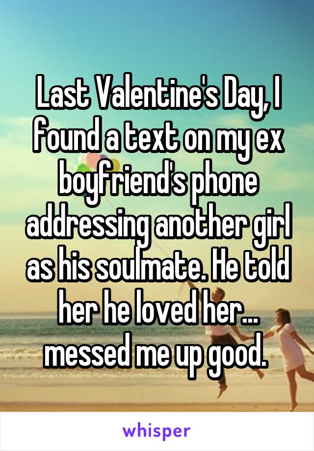 Last Valentine's Day, I found a text on my ex boyfriend's phone addressing another girl as his soulmate. He told her he loved her... messed me up good. 