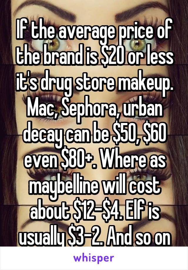 If the average price of the brand is $20 or less it's drug store makeup. Mac, Sephora, urban decay can be $50, $60 even $80+. Where as maybelline will cost about $12-$4. Elf is usually $3-2. And so on