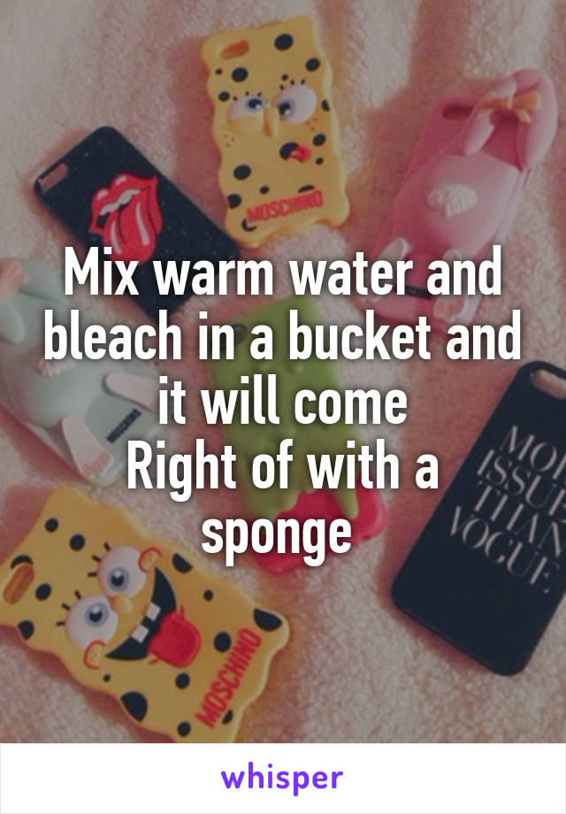 Mix warm water and bleach in a bucket and it will come
Right of with a sponge 