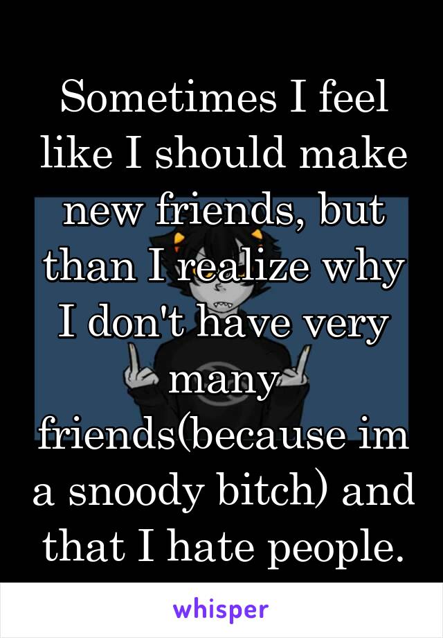 Sometimes I feel like I should make new friends, but than I realize why I don't have very many friends(because im a snoody bitch) and that I hate people.