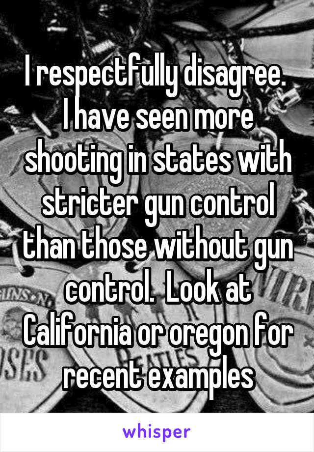 I respectfully disagree.  I have seen more shooting in states with stricter gun control than those without gun control.  Look at California or oregon for recent examples