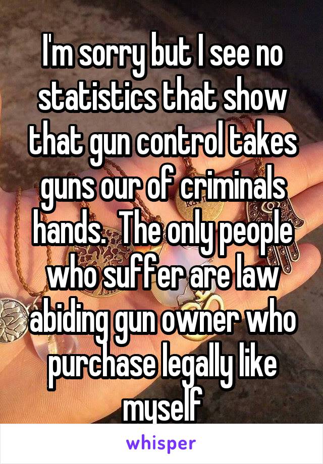 I'm sorry but I see no statistics that show that gun control takes guns our of criminals hands.  The only people who suffer are law abiding gun owner who purchase legally like myself