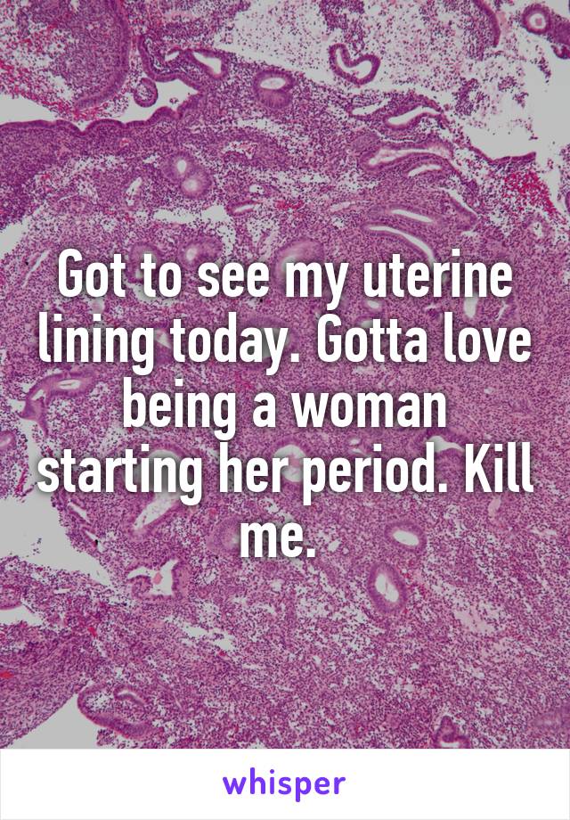 Got to see my uterine lining today. Gotta love being a woman starting her period. Kill me. 