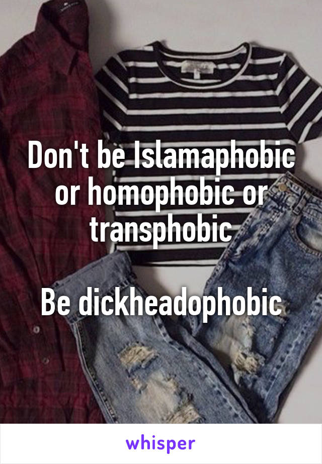 Don't be Islamaphobic or homophobic or transphobic

Be dickheadophobic