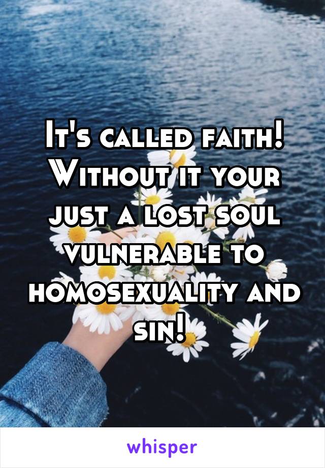 It's called faith! Without it your just a lost soul vulnerable to homosexuality and sin! 