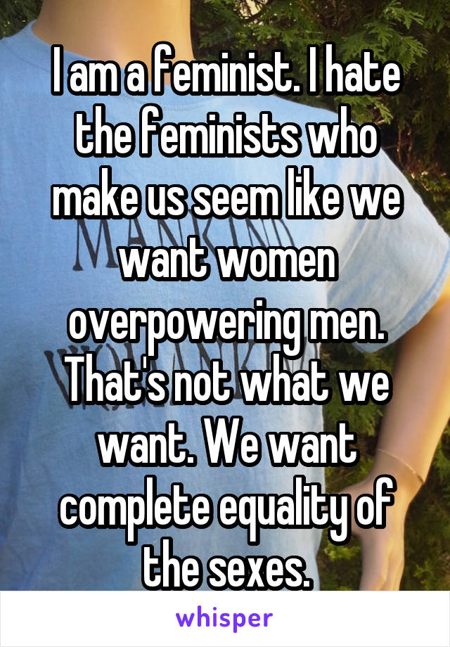 I am a feminist. I hate the feminists who make us seem like we want women overpowering men. That's not what we want. We want complete equality of the sexes.