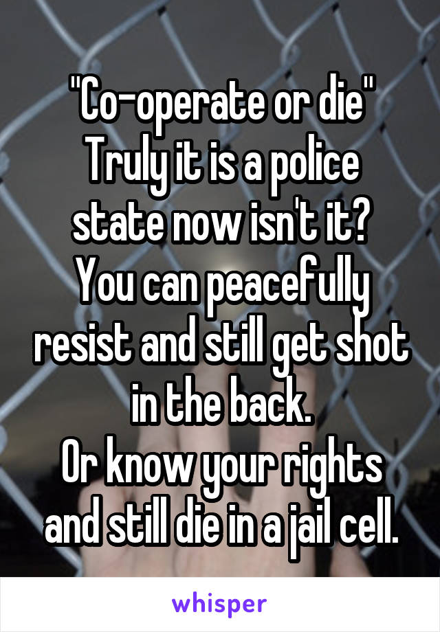 "Co-operate or die"
Truly it is a police state now isn't it?
You can peacefully resist and still get shot in the back.
Or know your rights and still die in a jail cell.