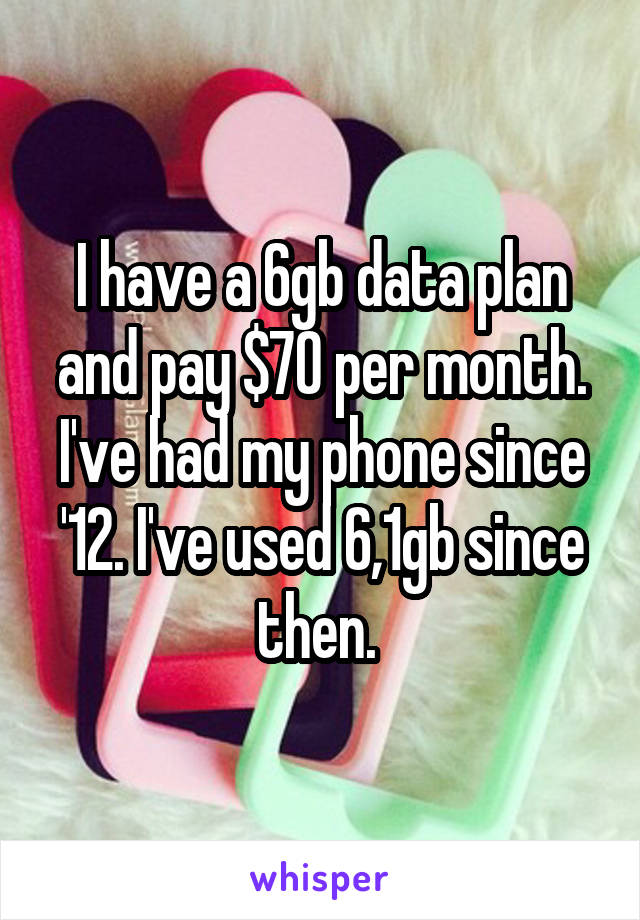 I have a 6gb data plan and pay $70 per month. I've had my phone since '12. I've used 6,1gb since then. 