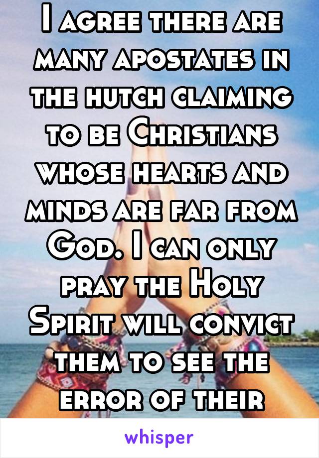 I agree there are many apostates in the hutch claiming to be Christians whose hearts and minds are far from God. I can only pray the Holy Spirit will convict them to see the error of their ways. 