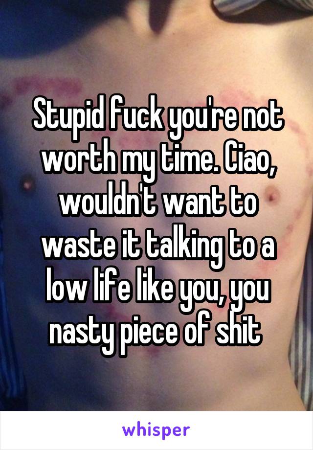 Stupid fuck you're not worth my time. Ciao, wouldn't want to waste it talking to a low life like you, you nasty piece of shit 